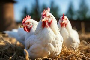 blanc poulets sur une ferme - ai génératif photo