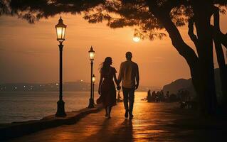 couple en marchant à le coucher du soleil - ai génératif photo