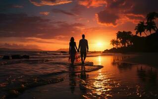 couple sur le plage à le coucher du soleil - ai génératif photo