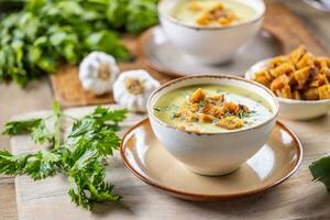 Ail crème soupe avec pain Croûtons et parfumé avec rattrapé céleri feuilles photo