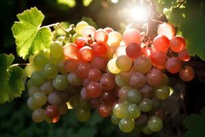 une branche de les raisins sur arbre dans le lumière du soleil. ai génératif art photo