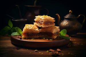 Baklava nourriture de milieu est, foncé fond.ai génératif photo