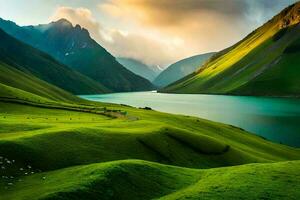 magnifique vert Montagne et rivière généré aigénéré ai photo