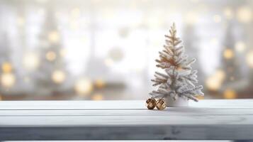 de fête Noël maquette bannière vide blanc table Haut avec chaud vivant pièce décor et neige vacances Contexte photo