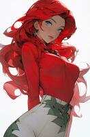 jolie anime fille avec rouge cheveux tiré dos. établi avec génératif ai photo