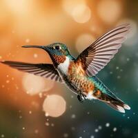colibri dans vol avec magnifique fleurs dans le Contexte. numérique La peinture montant photo