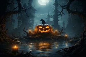 horreur à la recherche citrouille sur le sol à Halloween soir plein lune chauves-souris en volant autour des arbres. génératif ai photo