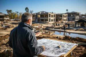 ouvriers à le construction site de une Nouveau Résidentiel complexe sur une ensoleillé journée photo