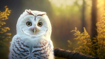 mignonne duveteux blanc hibou, magnifique rétro-éclairage, de bonne heure septembre Matin. ai génératif. photo