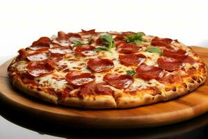 traditionnel italien cuisine. délicieux pepperoni Pizza tranches sur une en bois planche ai génératif sur blanc Contexte photo