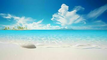 magnifique plage avec blanc sable, bleu ciel et petit vagues ai génératif photo