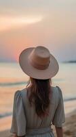 ai génératif beauté content souriant femme dans chapeau prendre plaisir mer à le coucher du soleil sur le plage photo