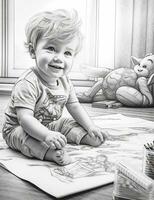 ai génératif content bébé enfant dessine avec coloré des crayons crayons de couleur photo