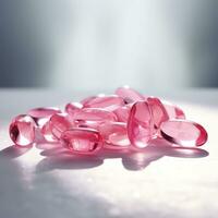 rose vitamines capsules sur une blanc Contexte. photo