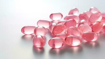 rose vitamines capsules sur une blanc Contexte. photo