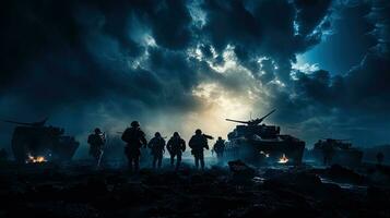 silhouette soldats dans une brumeux ciel au dessous de une nuageux horizon à nuit engagé dans bataille blindé Véhicules inclus photo