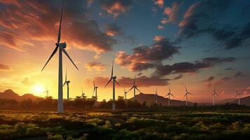 panoramique vue de vent turbines à le coucher du soleil dans karnataka Inde. silhouette concept photo