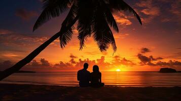 romantique couple sur une plage en dessous de paume des arbres pendant le coucher du soleil. silhouette concept photo