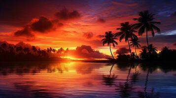 étourdissant paumes silhouette contre océan à le coucher du soleil photo