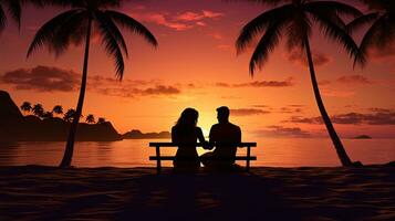 romantique couple sur une plage en dessous de paume des arbres pendant le coucher du soleil. silhouette concept photo