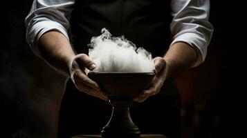 photographier de coiffeur s mains avec bol de rasage mousse et en bois brosse homme dans noir gants à intérieur salon de coiffure. silhouette concept photo