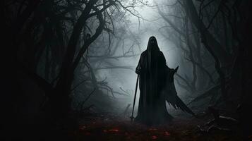 une effrayant forêt avec une fantomatique femme en portant une faux faire allusion à Halloween. silhouette concept photo