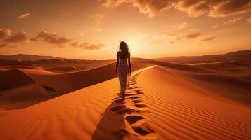 femme en marchant par aride désert esprit d'aventure aventure dans namibie. silhouette concept photo