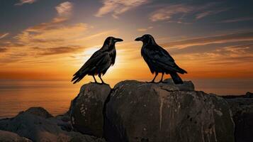 deux corbeaux permanent sur une pierre avec le mer comme une toile de fond. silhouette concept photo