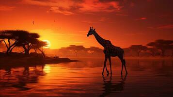 paisible africain le coucher du soleil avec girafes. silhouette concept photo