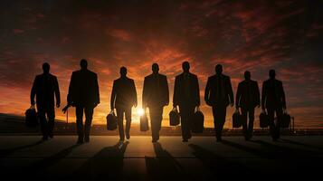 groupe de Hommes de retour Accueil de travail avec magnifique silhouette photo