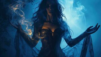 sinistre femme dans vaguement allumé forêt moulage une ardent épeler avec sa mains une reine avec vampire comme pouvoirs portant ancien médiéval tenue et une hanté Halloween aes. silhouette concept photo