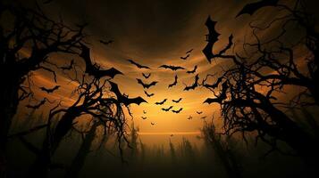 Halloween motifs groupe de chauves-souris perché sur une arbre. silhouette concept photo