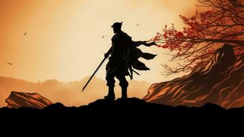 ombragé figure de vieux asiatique guerrier archer. silhouette concept photo