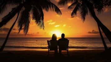 romantique couple sur une plage en dessous de paume des arbres pendant le coucher du soleil. silhouette concept photo