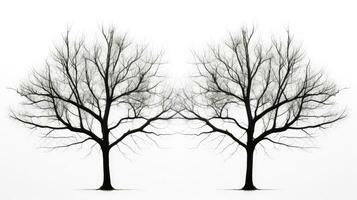 photo de noir double des arbres avec non feuilles contre une blanc toile de fond. silhouette concept