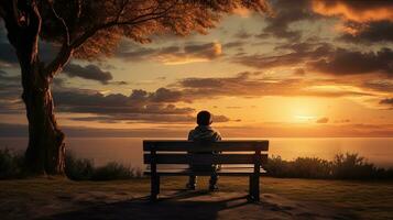 une banc dans de face de une le coucher du soleil vue avec une garçon séance sur il. silhouette concept photo