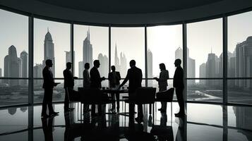 affaires personnes sont ayant une noir et blanc conversation dans Dubai à forme une Partenariat accord. silhouette concept photo
