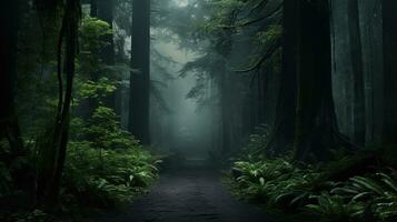 brumeux vue parmi dense forêt feuillage. silhouette concept photo