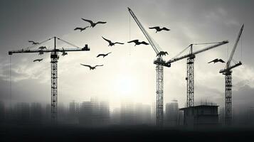 noir et blanc photo de construction des sites avec nombreuses grues. silhouette concept