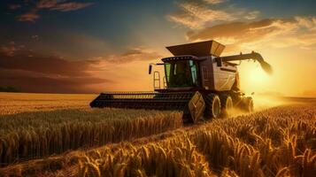 en utilisant une combiner moissonneuse à recueillir blé dans une champ pendant une été le coucher du soleil et transfert il à une tracteur. silhouette concept photo