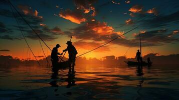 les pêcheurs grandes lignes à lever du soleil dans le tropiques. silhouette concept photo