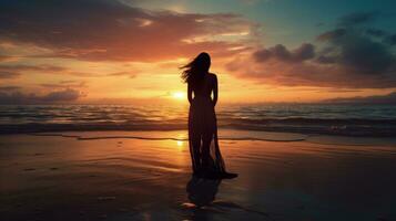 solitaire femme observer le coucher du soleil sur plage. silhouette concept photo