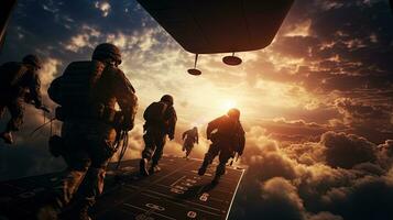 armée soldats et parachutistes descendant de un air Obliger c 130 pendant un aéroporté opération. silhouette concept photo
