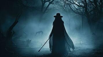 une effrayant forêt avec une fantomatique femme en portant une faux faire allusion à Halloween. silhouette concept photo