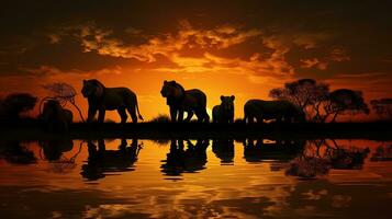 les Lions silhouette réfléchi dans l'eau pendant africain safari photo