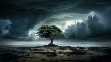 une solitaire arbre contour contre une foncé et turbulent ciel. silhouette concept photo