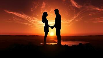 couple en portant mains orienté vers chaque autre à le coucher du soleil. silhouette concept photo