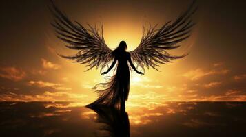 un ange avec ailes est permanent dans le Soleil photo