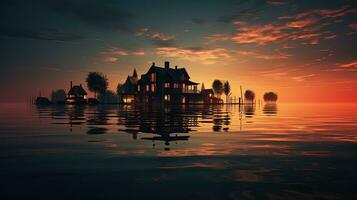 le coucher du soleil sur une l'eau villa construit sur échasses. silhouette concept photo