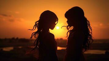 deux les filles silhouettes pendant le coucher du soleil photo